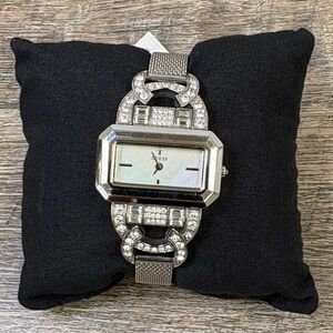 GUESS Silver Tone Crystal Link Bracelet Watch Mother of Pearl Dial